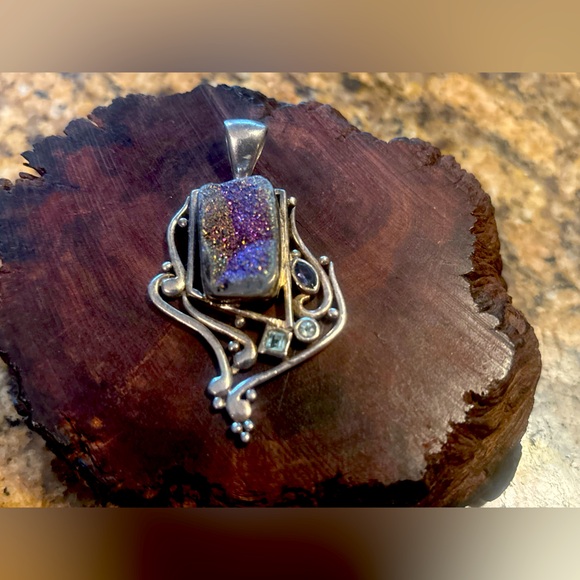 VINTAGE Sterling Silver 925 Iridescent Druzy Blue Topaz Faux Amethyst Pendant - Picture 4 of 15